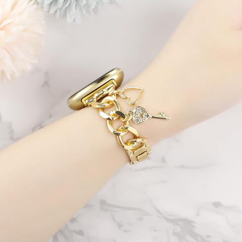 معصم معدني أنيق متوافق مع Fitbit Versa 3/Versa 4/Sense/Sense 2 Bands Women ، سلسلة سلسلة كوبية مع سحر فريد Bling Love Key Pendants Snary Band Strap in Kuwait