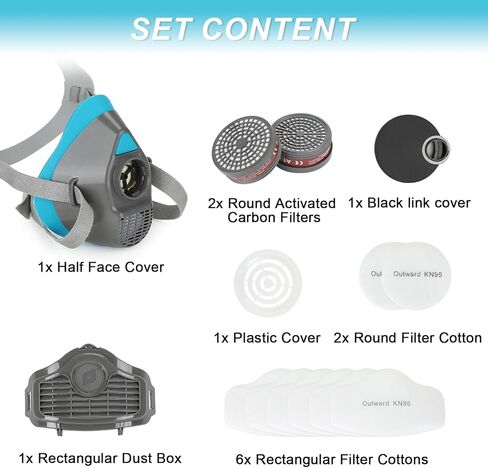 كمامات قابلة لإعادة الاستخدام، غطاء نصف وجه ونظارة أمان مضادة للضباب، مجموعة نصف غطاء وجه للطلاء واللحام والرش والصنفرة وضد الغبار والمواد الكيميائية in Kuwait