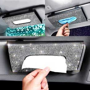 Perfect Valentine's Day Gift for Her, Sparkling Luxury Car Sun Visor Tissue Box Holder - Handmade PU Leather with Bling Crystal Rhinestones, Glitter Napkin Box with Refills, Decorate Your Car