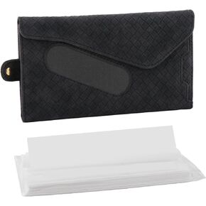 Car Tissue Holder with Sunglass Clip - Sun Visor Interior Accessories Pocket Organizer for Card Sunglasses Cash Napkin, Checkered Leather Tissues Dispenser with Glasses Holders Cards Slot