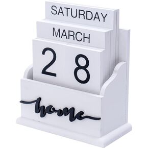 Vintage Wood Block Perpetual Calendar Flip Block Design for Home Office Desk Rustic Decoration (White)