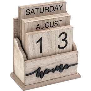Vintage Wood Block Perpetual Calendar Flip Block Design for Home Office Desk Rustic Decoration (White)