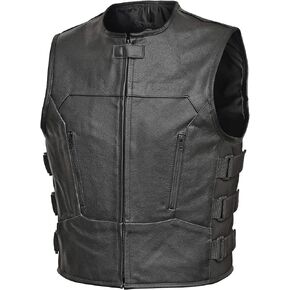 WICKED STOCK Leather Vest Men-Full Black leather Motorcycle Vests for Men - Bulletproof Style Motorcycle Vest- YKK Zippers
