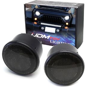 iJDMTOY (عدستين مدخنتين LED للقيادة/DRL مجموعة مصابيح إشارة الانعطاف متوافقة مع Jeep 2007-17 Wrangler (حلقة هالة LED بيضاء كمصابيح وقوف السيارات/القيادة/DRL وإضاءة مركزية LED كهرمانية كإشارات انعطاف)