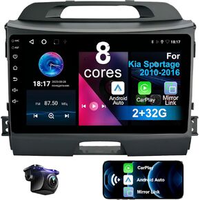 ستيريو سيارة لكيا سبورتاج 2010-2016 8 كور أندرويد 12 مع CarPlay Android Auto، 9 بوصة 1280X720 IPS شاشة لمس بلوتوث مشغل راديو السيارة مع كاميرا احتياطية، AM/FM/RDS، AUX، DSP، SWC in Kuwait