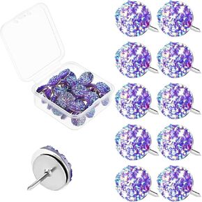 30Pcs Decorative Thumb Tacks Purple Push Pins Glitter Rhinestone Cute Decorative Push Pins for Corkboard Flat Pushpins for Wall Hangings Bulletin Board Home Office Supplies