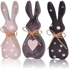 3Pcs Easter Bunny Table Wooden Signs, Easter Decorations, Spring Farmhouse Wood Bunnies Easter Decor, Cute Freestanding Centerpiece Signs for Easter Tiered Tray Indoor (Black Set)