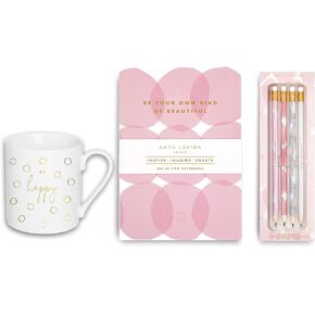 KATIE LOXTON Happy 11 ounce Porcelain Coffee Mug, Duo Notebooks & Pencils 7-Piece Boxed Set, Pink Coral