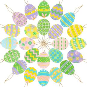 WATINC 25 Pack Easter Egg Wooden Ornaments, Classic Styles of Easter Egg Hanging Wooden Pendants, Egg Shaped Cutouts Tree Pendant, Egg Hunt Activity Party Hang Tags Decor, Easter Party Favor Supplies