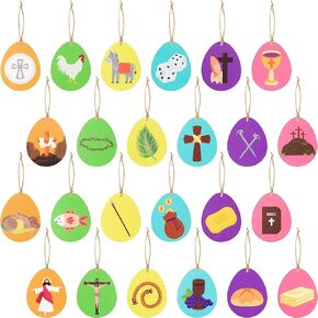 Haooryx 46pcs Spring Easter Chinoiserie Egg Wood Hanging Ornament, Easter Egg Wood Hanging Pendant Tags Decoration Egg Shapes Wood Slices with Rope for Easter Basket Fillers Spring Home Party Decor