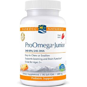 Nordic Naturals ProOmega Junior - زيت السمك، 340 مجم EPA، 245 مجم DHA، دعم صحة الجهاز العصبي والجهاز العصبي والعين وتطوير الجهاز المناعي*، نكهة الفراولة، 90 كبسولة هلامية ناعمة in Kuwait