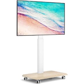 Floor TV Stand with Mount for 32-70 Inch Flat Screen/Curved TVs, Swivel Rolling Height Adjustable Portable TV Stand on Wheels, Modern Mobile Wood Base White TV Stand for Bedroom Home Office