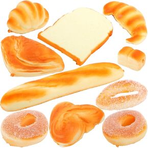 Peohud 10 Pieces Fake Bread, Realistic Artificial Breads, Faux Simulation Food Bread Croissant Toast Slice French Long Bread Loaf Model for Decoration, Photography Props
