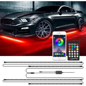 MICTUNING Car Underglow Lights, 4Pcs Bluetooth Lighting Kit with APP and Remote Dual Control, Waterproof 12V Exterior Underbody Neon LED Light Strips for All Cars,16 Million Colors, Music DIY Mode