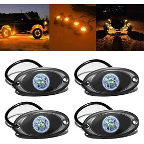 4 Pods LED Rock Light for Jeep ATV SUV Offroad Car Truck Boat Underbody Glow Trail Rig Lamp Underglow LED Neon Lights Waterproof 12V 24V Yellow Orange (Amber)