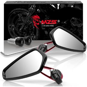 MZS Motorcycle Bar End Mirrors, Red 7/8 Universal Rear View Mirror Standard Hollow Side Compatible with Street Sport Naked Road Bike Cruisers Touring Scooter