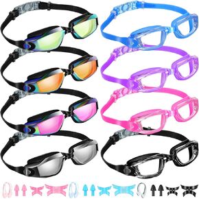 Fabbay 8 Pcs Swimming Goggles No Leaking Pool Goggles for Kid Adult UV Protection Swim Glasses Waterproof Nose Clip Earplug