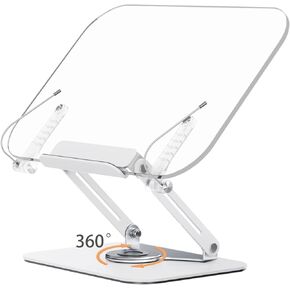 Adjustable Book Stand for Reading, Foldable Large Acrylic Books Holder Tray with 360° Rotating Base and Page Paper Clips, Portable Desk Bookstand for Cookbook, Music Book, Tablet, Textbook, Document