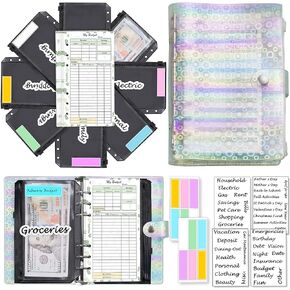 A6 PVC Money Organizer, 6-Ring Budget Planner kit with Cash envelopes, Budget Refill Inserts, Cash Pockets, Matched Stickers and Labels, 7.4"x 5.71" (Harphia, 143B-bubble)
