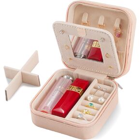 صندوق مجوهرات صغير للسفر - منظم مجوهرات العودة إلى المدرسة | حافظة مجوهرات محمولة | حافظة مجوهرات صغيرة | حالة مجوهرات السفر | صندوق مجوهرات توجو | الهدية المثالية (وردي) in Kuwait