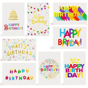 120 Pack Assorted Gold Foil Happy Birthday Cards with Envelopes, Organizer Box, Stickers, and Seals - 4x6 Inches, 8 Unique Designs, Ideal for Kids, Men, Women, and Elderly