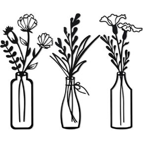 Hotop 3 Pieces Metal Floral Vase Wall Art Black Metal Flower Wall Decor Flower in Vase Hanging Iron Wall Decoration Vase Flowers Interior Decor(Black)