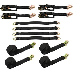 munirater 4PCS Automobile Black Tie Down Axle Straps Kit Reinforced Double J-Hooks Axle Straps with 4 Loops Clips Heavy Duty Ratchet 11023 Pound Working Load