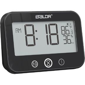 Digital LCD Waterproof Timer Shower Clock, Waterproof for Water Spray, Bathroom Clock Wall Mount, Two Suction Cup, Displays Time, Temperature, and Indoor Relative Humidity (1, Black)