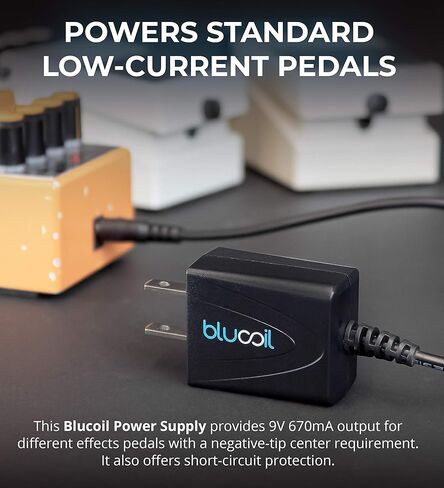 مصدر طاقة Blucoil 9V 670mA مع مركز محول تيار متردد نحيف بقابس أمريكي سلبي - متوافق مع BOSS، Behringer، DigiTech، Jim Dunlop، MXR، نوبلز، NUX، Roland، TC Electronic، Xotic، دواسات تأثيرات التكبير in Kuwait