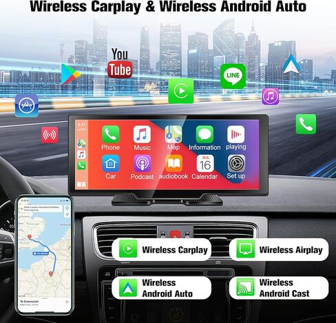 Carplay Android Auto 2.5K، شاشة راديو لاسلكية محمولة عالية الدقة 10.26 بوصة، جهاز استقبال صوت السيارة مع التحكم الصوتي BT AUX FM، كاميرا الرؤية الخلفية مع تسجيل حلقة، مع بطاقة TF 128 جيجا in Kuwait