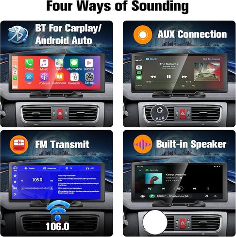 Carplay Android Auto 2.5K، شاشة راديو لاسلكية محمولة عالية الدقة 10.26 بوصة، جهاز استقبال صوت السيارة مع التحكم الصوتي BT AUX FM، كاميرا الرؤية الخلفية مع تسجيل حلقة، مع بطاقة TF 128 جيجا in Kuwait