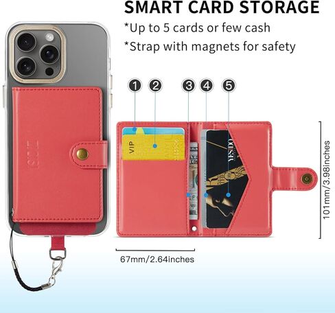 for Apple Magnetic Phone Wallet,Compatible with Magsafe Wallet with 5 Card Holder & with RFID Blocking for iPhone 15/14/13/12 pro Max/Mini/plus,Vegan Leather,Red in Kuwait
