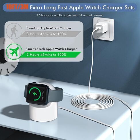 شاحن ساعة ابل بطول 10 قدم، مجموعة من 3 قطع حامل مغناطيسي لشاحن iWatch، كابل شحن سريع للغاية لساعة ابل، كابل شحن USB سريع لسلسلة ساعات Apple Ultra/SE/9/8/7/6/5/4/3/2 in Kuwait