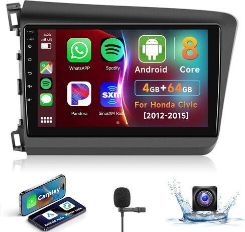 Podofo Octa-Core 4G+64G Android Car Stereo for Honda Civic 2012 2013 2014 2015 مع Apple CarPlay Android Auto، شاشة لمس 9 بوصات راديو بلوتوث مع نظام تحديد المواقع العالمي (GPS) وكاميرا احتياطية WiFi HiFi in Saudi Arabia