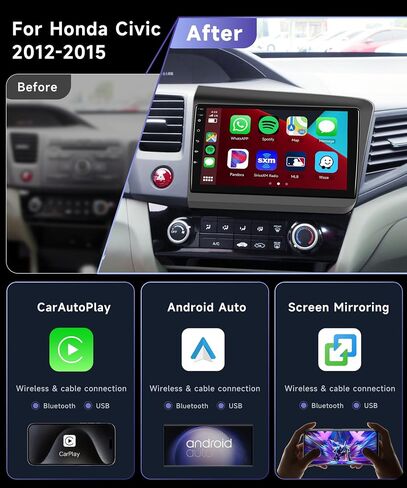 Podofo Octa-Core 4G+64G Android Car Stereo for Honda Civic 2012 2013 2014 2015 مع Apple CarPlay Android Auto، شاشة لمس 9 بوصات راديو بلوتوث مع نظام تحديد المواقع العالمي (GPS) وكاميرا احتياطية WiFi HiFi in Saudi Arabia