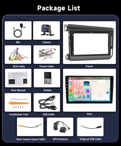 Podofo Octa-Core 4G+64G Android Car Stereo for Honda Civic 2012 2013 2014 2015 مع Apple CarPlay Android Auto، شاشة لمس 9 بوصات راديو بلوتوث مع نظام تحديد المواقع العالمي (GPS) وكاميرا احتياطية WiFi HiFi in Saudi Arabia