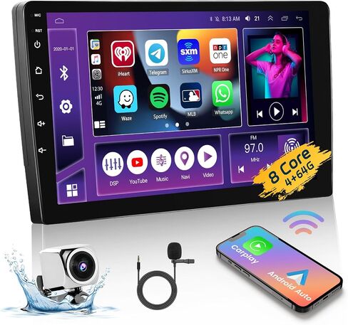 8 Core 4G+64G Android 13 Car Stereo Double Din Wireless Apple Carplay Android Auto, Hikity 10" IPS Screen Car Audio Bluetooth, 36EQ DSP, GPS Navi, WiFi, Mirrror Link, FM RDS, SWC + Mic, Backup Cam in Saudi Arabia