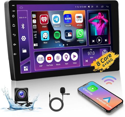 8 Core 4G+64G Android 13 Car Stereo Double Din Wireless Apple Carplay Android Auto, Hikity 10" IPS Screen Car Audio Bluetooth, 36EQ DSP, GPS Navi, WiFi, Mirrror Link, FM RDS, SWC + Mic, Backup Cam in Saudi Arabia