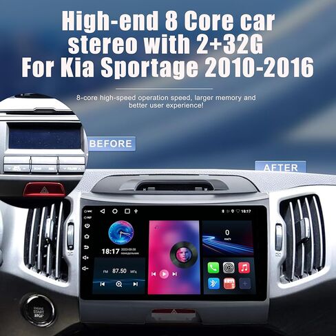 ستيريو سيارة لكيا سبورتاج 2010-2016 8 كور أندرويد 12 مع CarPlay Android Auto، 9 بوصة 1280X720 IPS شاشة لمس بلوتوث مشغل راديو السيارة مع كاميرا احتياطية، AM/FM/RDS، AUX، DSP، SWC in Kuwait