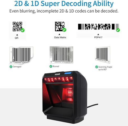 2D Handsfree Barcode Scanner QR Omnidirectional Desktop Bar Code Reader Scanner, USB Wired Automatic Sensing Big Scan Window Barcode Reader for Supermarket Library Retail Store in Saudi Arabia