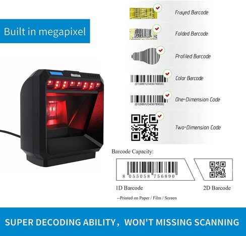 2D Handsfree Barcode Scanner QR Omnidirectional Desktop Bar Code Reader Scanner, USB Wired Automatic Sensing Big Scan Window Barcode Reader for Supermarket Library Retail Store in Saudi Arabia