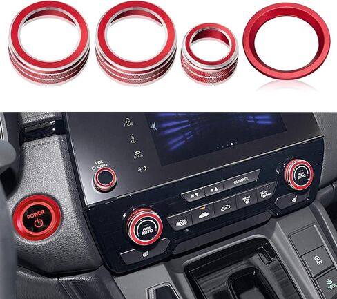 TOMALL 4 قطع من غطاء وحدة التحكم المركزية من الألومنيوم متوافق مع Honda CRV CR-V 2017 2018 2019 2020 غطاء مقبض حجم الصوت مقبض مكيف الهواء AC محرك بدء التشغيل وغطاء زر الزخرفة الدائري (أحمر) in Saudi Arabia