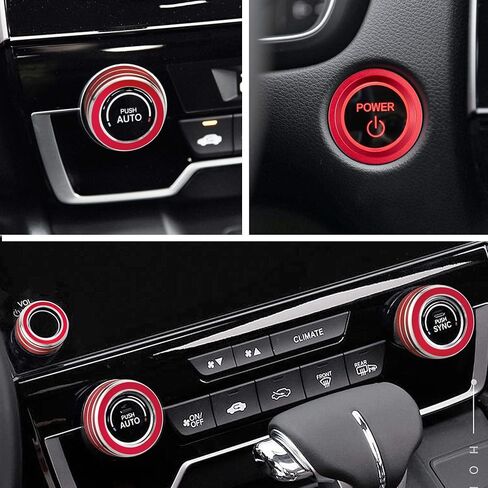 TOMALL 4 قطع من غطاء وحدة التحكم المركزية من الألومنيوم متوافق مع Honda CRV CR-V 2017 2018 2019 2020 غطاء مقبض حجم الصوت مقبض مكيف الهواء AC محرك بدء التشغيل وغطاء زر الزخرفة الدائري (أحمر) in Saudi Arabia