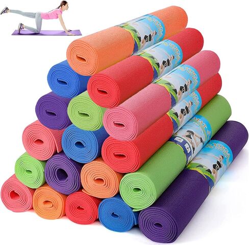 18 Pieces Yoga Mats Bulk Non Slip Exercise Mats Fitness Mats Workout Mats for Women Men Kids Home Workout Gym Floor Exercising, 6 Colors, 68 x 24 x 0.12 Inches in Saudi Arabia