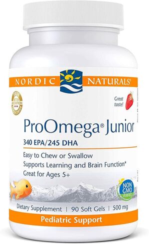 Nordic Naturals ProOmega Junior - زيت السمك، 340 مجم EPA، 245 مجم DHA، دعم صحة الجهاز العصبي والجهاز العصبي والعين وتطوير الجهاز المناعي*، نكهة الفراولة، 90 كبسولة هلامية ناعمة in Kuwait