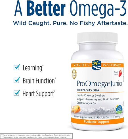 Nordic Naturals ProOmega Junior - زيت السمك، 340 مجم EPA، 245 مجم DHA، دعم صحة الجهاز العصبي والجهاز العصبي والعين وتطوير الجهاز المناعي*، نكهة الفراولة، 90 كبسولة هلامية ناعمة in Kuwait