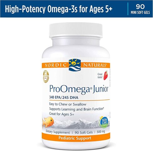 Nordic Naturals ProOmega Junior - زيت السمك، 340 مجم EPA، 245 مجم DHA، دعم صحة الجهاز العصبي والجهاز العصبي والعين وتطوير الجهاز المناعي*، نكهة الفراولة، 90 كبسولة هلامية ناعمة in Kuwait