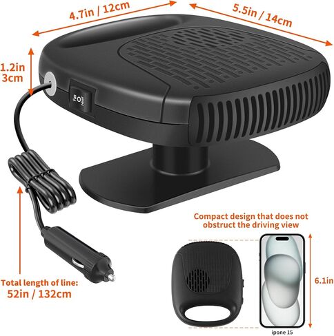 سخان السيارة، سخان الزجاج الأمامي المحمول 12 فولت مع تنقية الهواء 2 في 1 وظيفة التسخين والتبريد السريع، قابس في ولاعة السجائر ومزيل صقيع السيارة (أسود) in Kuwait