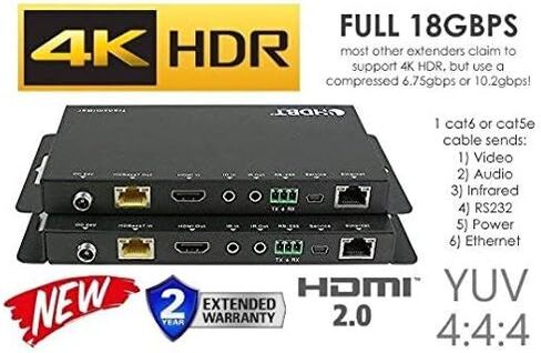 مجموعة موسع HDMI طويلة المدى 4K HDR HDbaseT 330ft 100m ETHERNET 18GBPS Single CAT5e CAT6 CAT7 2.0B 4K @ 60hz UltraHD YUV 4:4:4 جهاز استقبال غير مضغوط IR RS232 HDCP2.2 CONTROL4 Savant in Kuwait