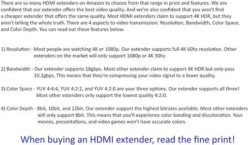 مجموعة موسع HDMI طويلة المدى 4K HDR HDbaseT 330ft 100m ETHERNET 18GBPS Single CAT5e CAT6 CAT7 2.0B 4K @ 60hz UltraHD YUV 4:4:4 جهاز استقبال غير مضغوط IR RS232 HDCP2.2 CONTROL4 Savant in Kuwait